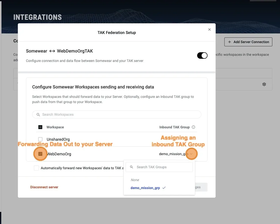Selecting Somewear Workspaces to include in the federation.
