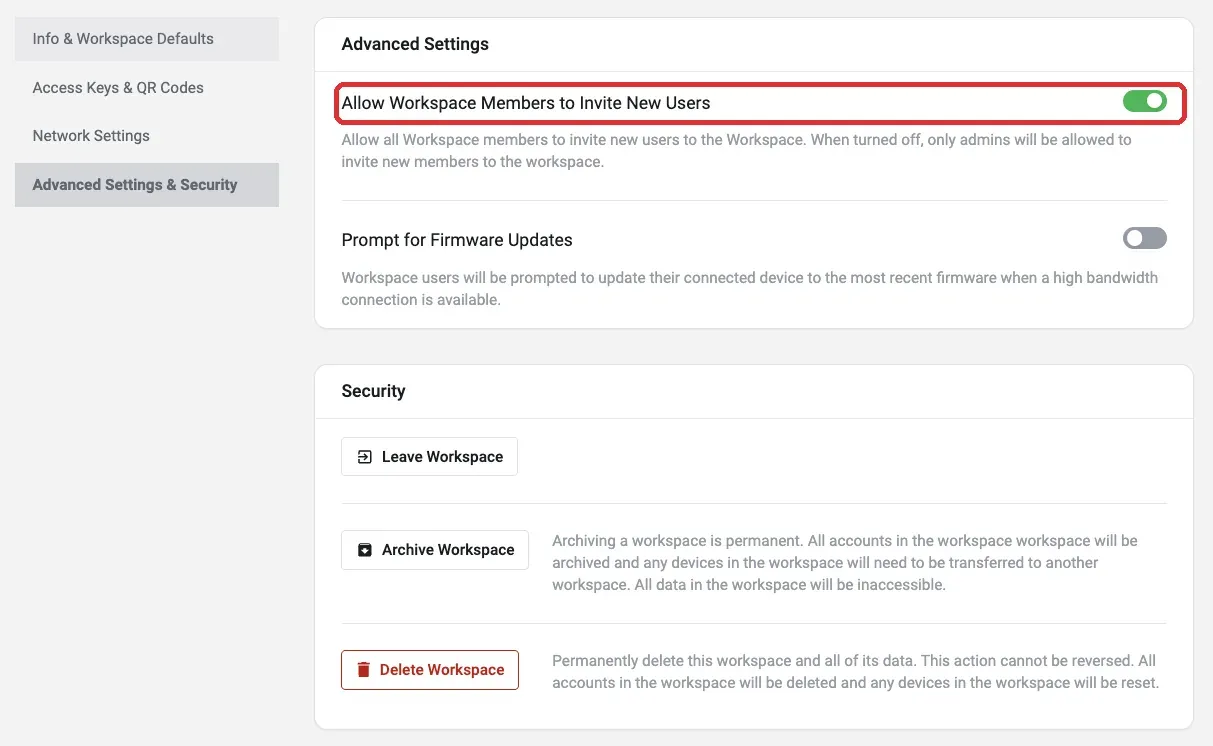 The Advanced Settings & Security section in the web application showing the "Allow Workspace Members to Invite New Users" toggle turned on