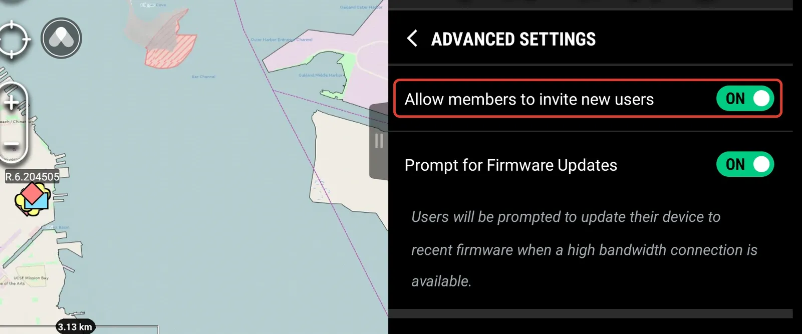 The ATAK plugin Advanced Settings screen showing the Allow members to invite new users toggle