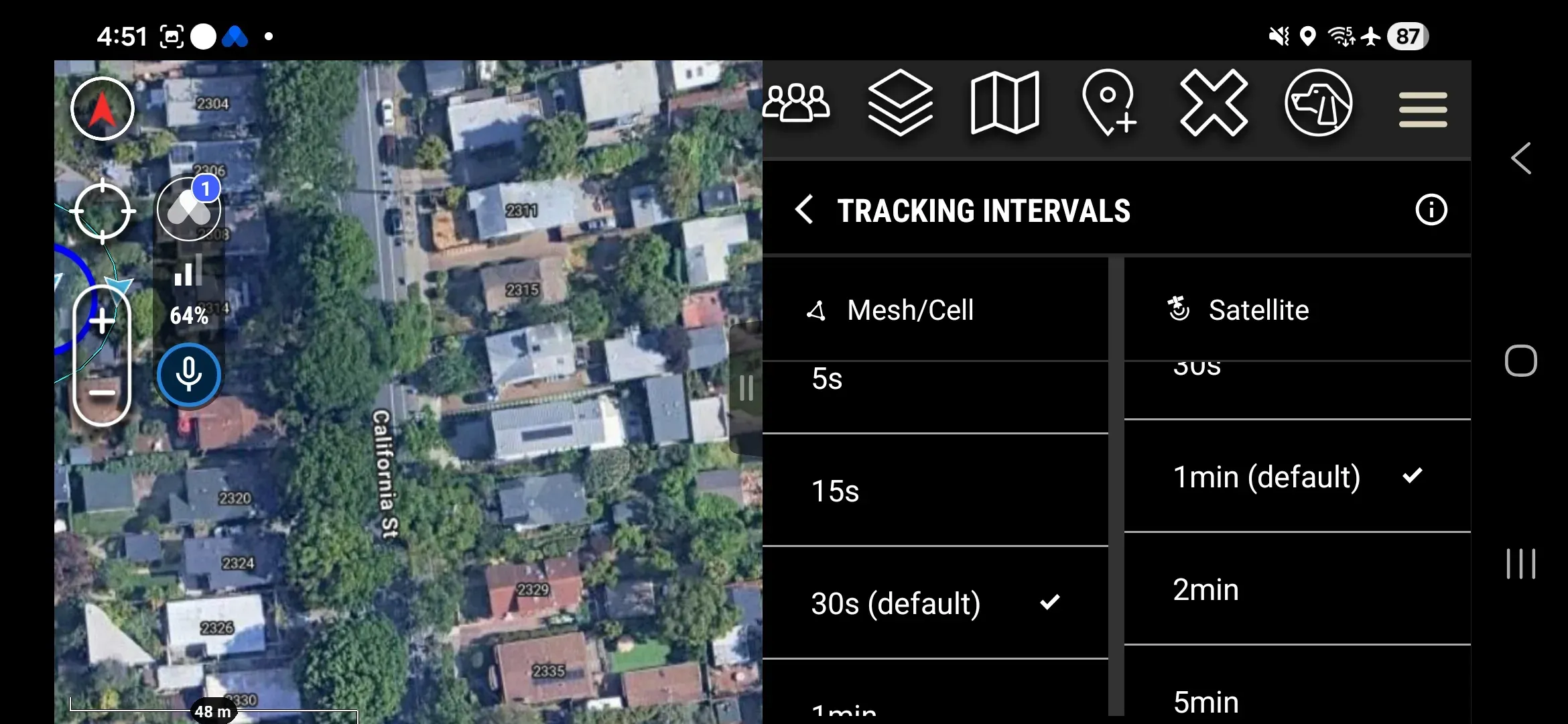 Tracking Intervals screen showing Mesh/Cell and Satellite columns