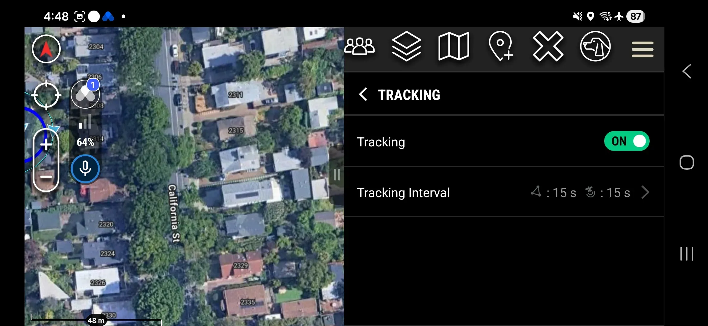 TRACKING screen showing Tracking toggle ON and Tracking Interval row