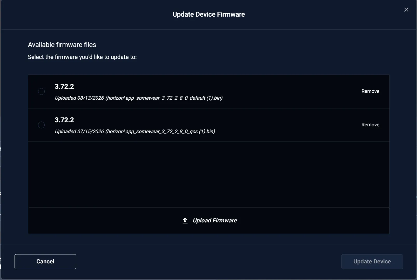 Horizon UI — selecting a firmware file