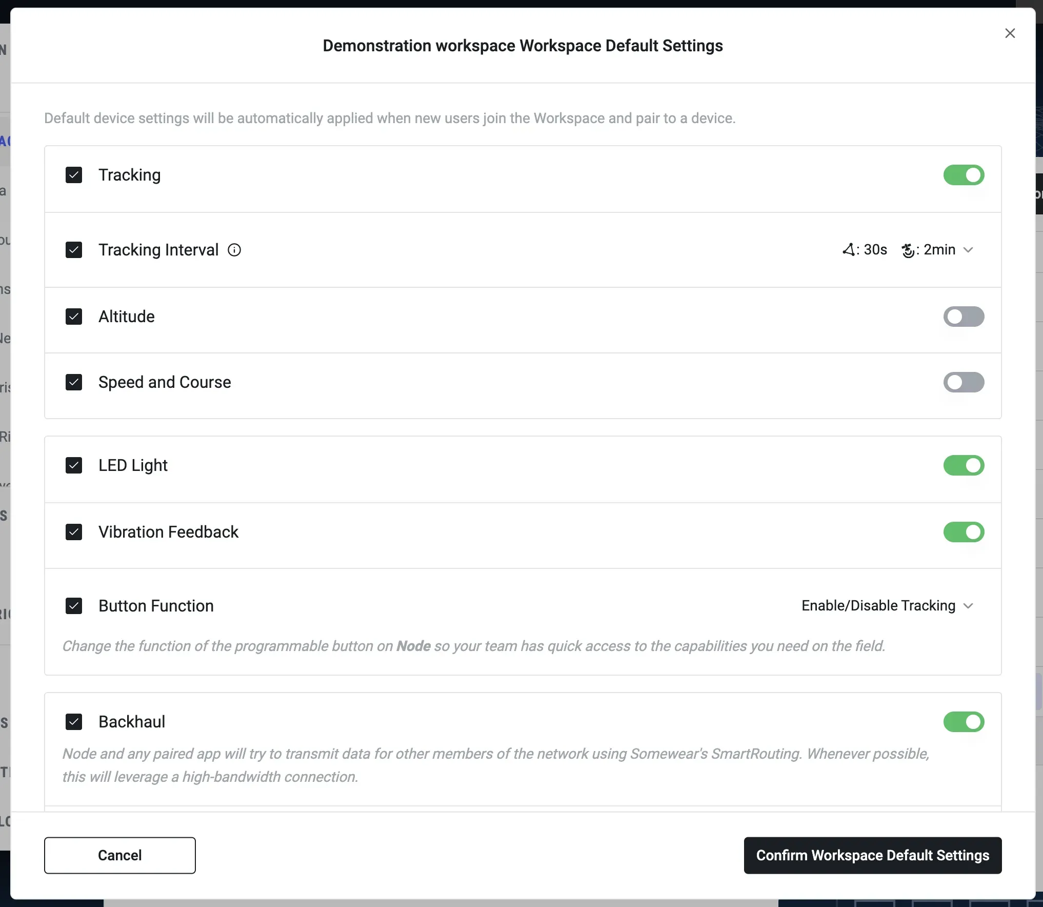 Workspace Default Settings dialog