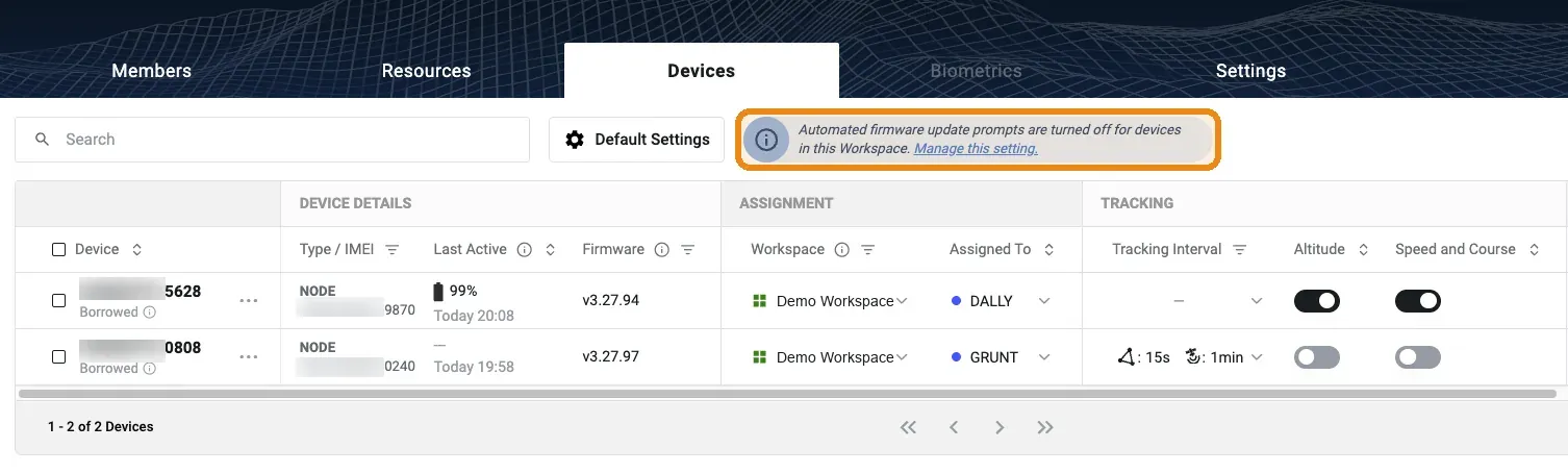 Workspace Devices tab in the web console showing the information icon and "prompts off" explanatory banner